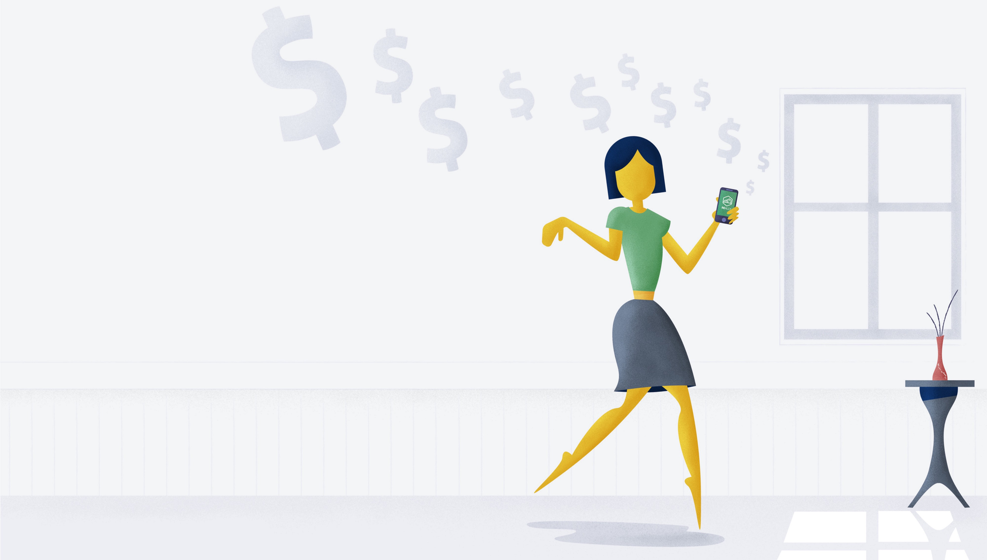 Clip art of women holding phone in a room with money logos flying overhead