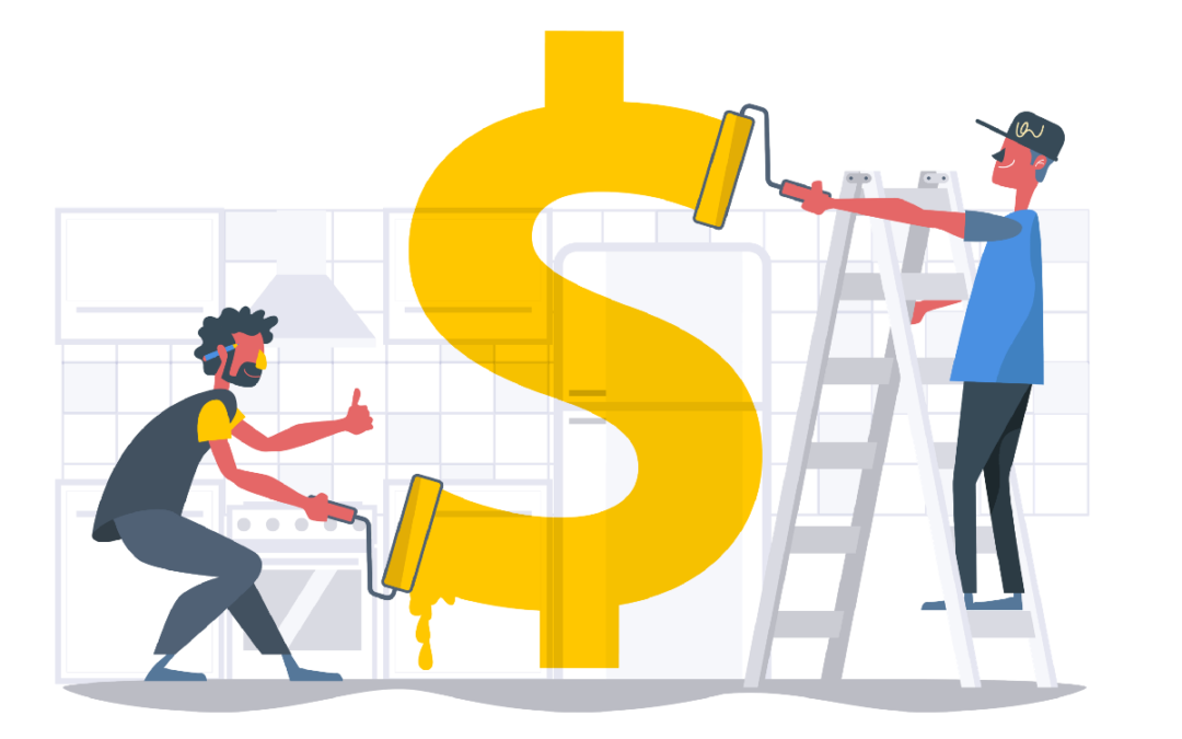 clipart of two people painting a yellow money simple over a kitchen front 