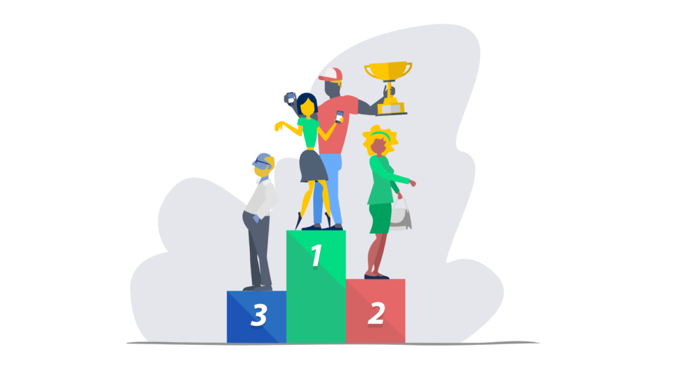clipart of people standing on first, second, and third place podiums 